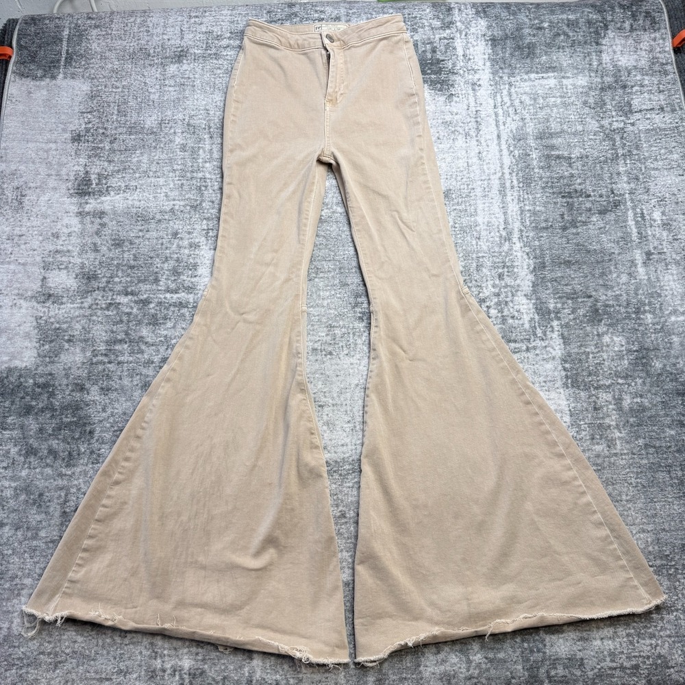 Free People Jeans Womens 26 Biege Just Float On Flare Ultra Wide Raw Hem Boho